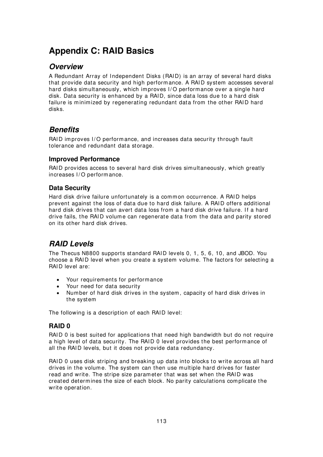 Thecus Technology N8800 user manual Appendix C RAID Basics, Benefits, RAID Levels, Improved Performance, Data Security 
