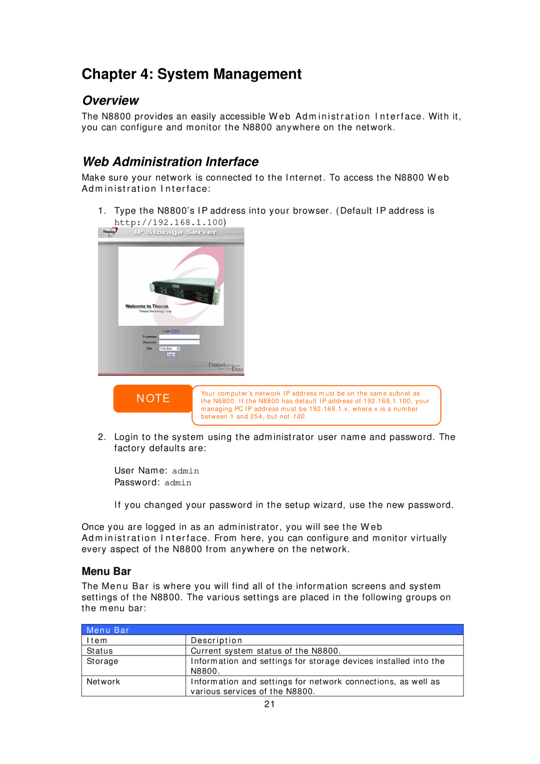 Thecus Technology N8800 user manual System Management, Web Administration Interface, Menu Bar 