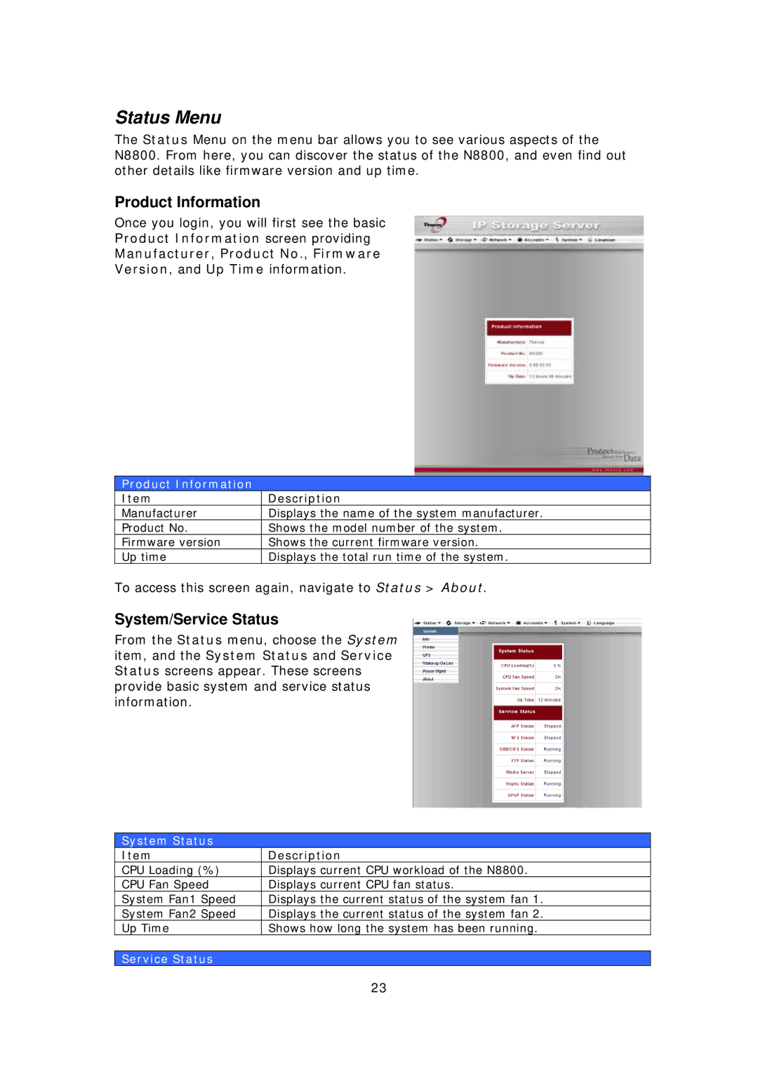 Thecus Technology N8800 user manual Status Menu, Product Information, System/Service Status 