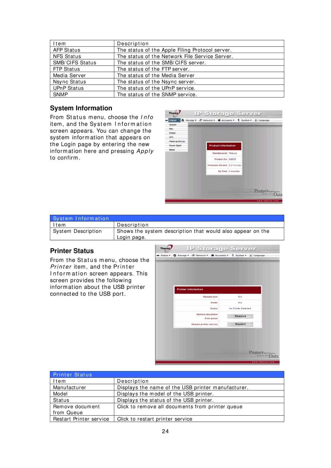 Thecus Technology N8800 user manual System Information, Printer Status 