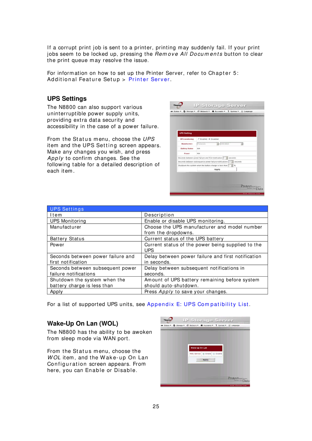 Thecus Technology N8800 user manual UPS Settings, Wake-Up On Lan WOL, Ups 