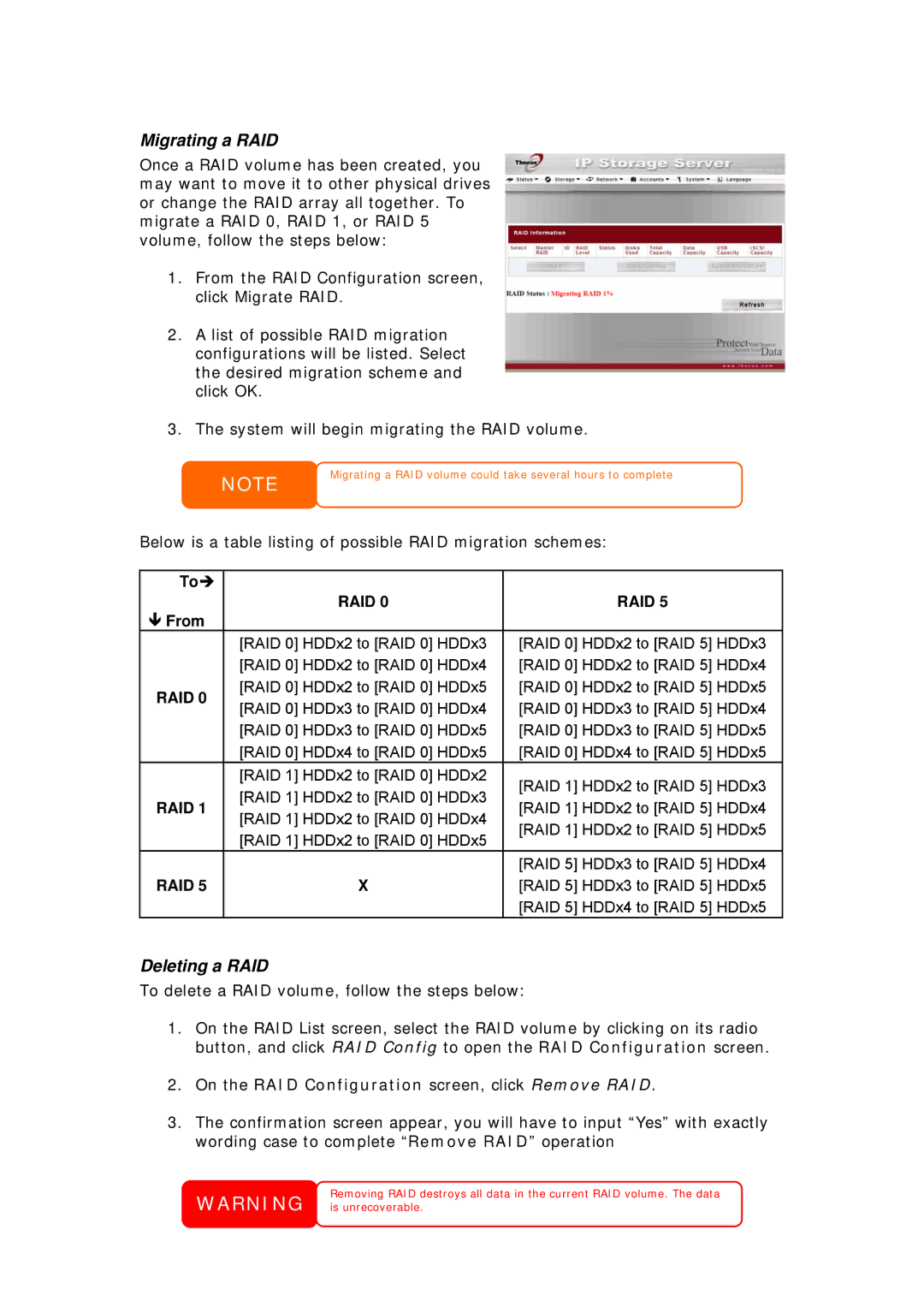 Thecus Technology N8800 user manual Migrating a RAID, Deleting a RAID 