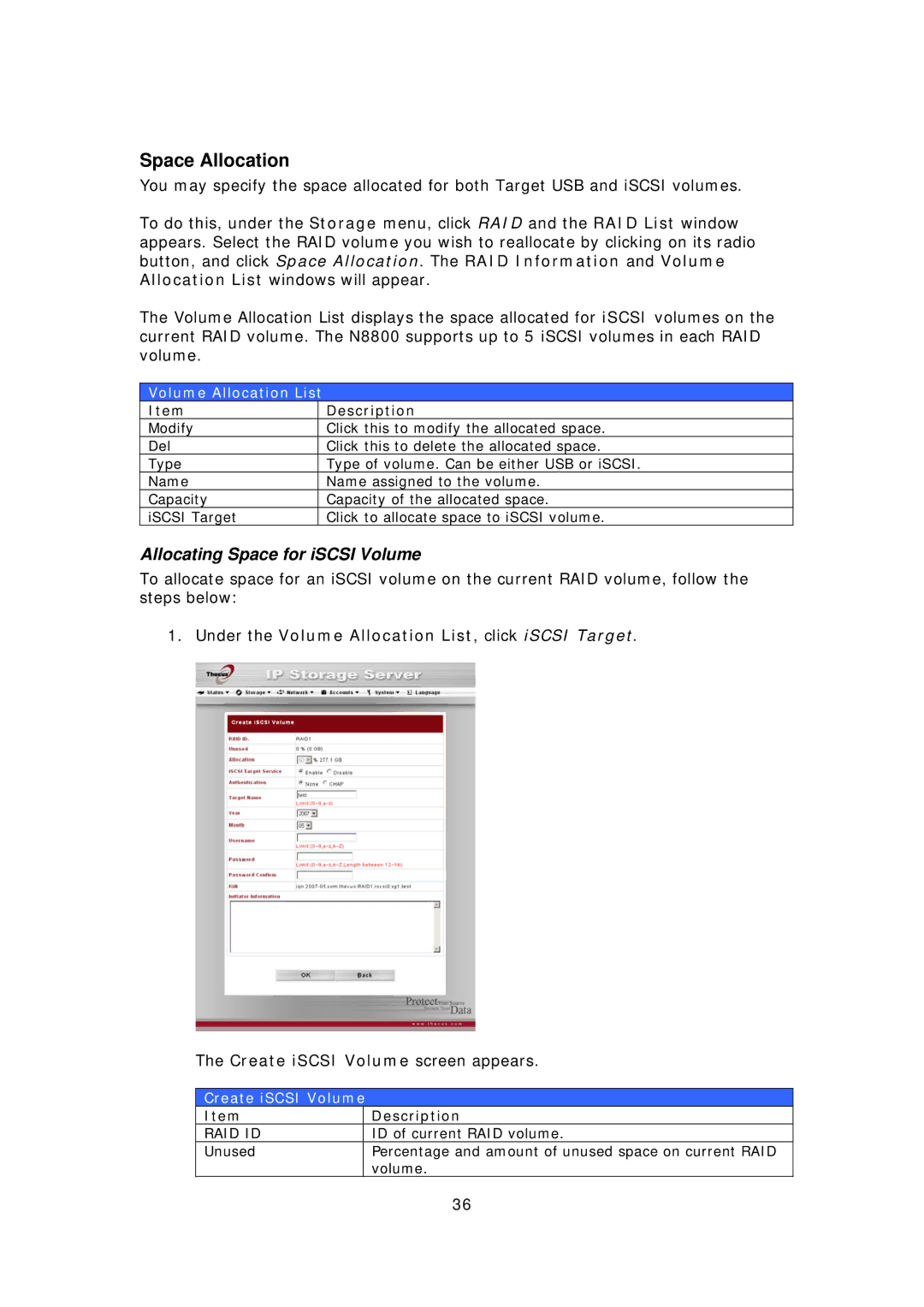 Thecus Technology N8800 Space Allocation, Allocating Space for iSCSI Volume, Volume Allocation List, Create iSCSI Volume 