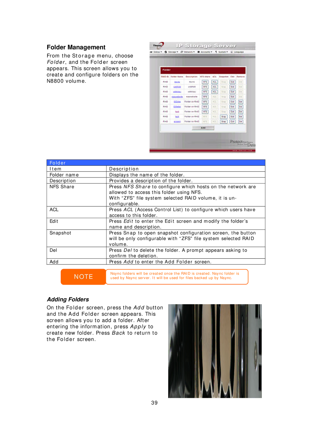 Thecus Technology N8800 user manual Folder Management, Adding Folders, Acl 