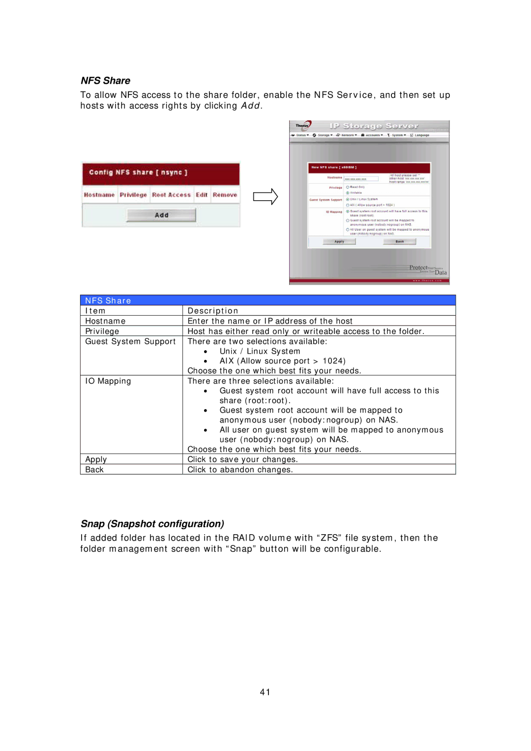 Thecus Technology N8800 user manual NFS Share, Snap Snapshot configuration 