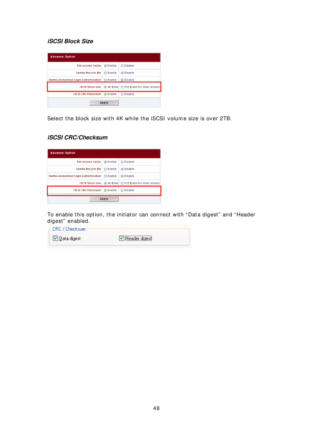 Thecus Technology N8800 user manual ISCSI Block Size, ISCSI CRC/Checksum 