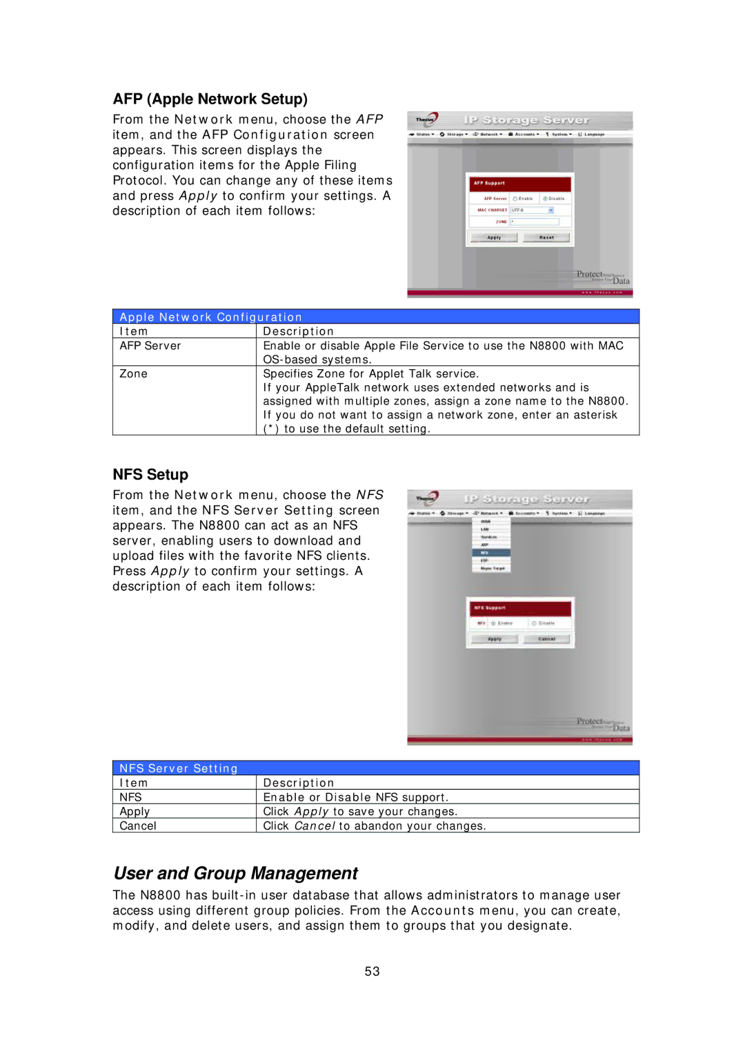 Thecus Technology N8800 User and Group Management, AFP Apple Network Setup, NFS Setup, Apple Network Configuration 