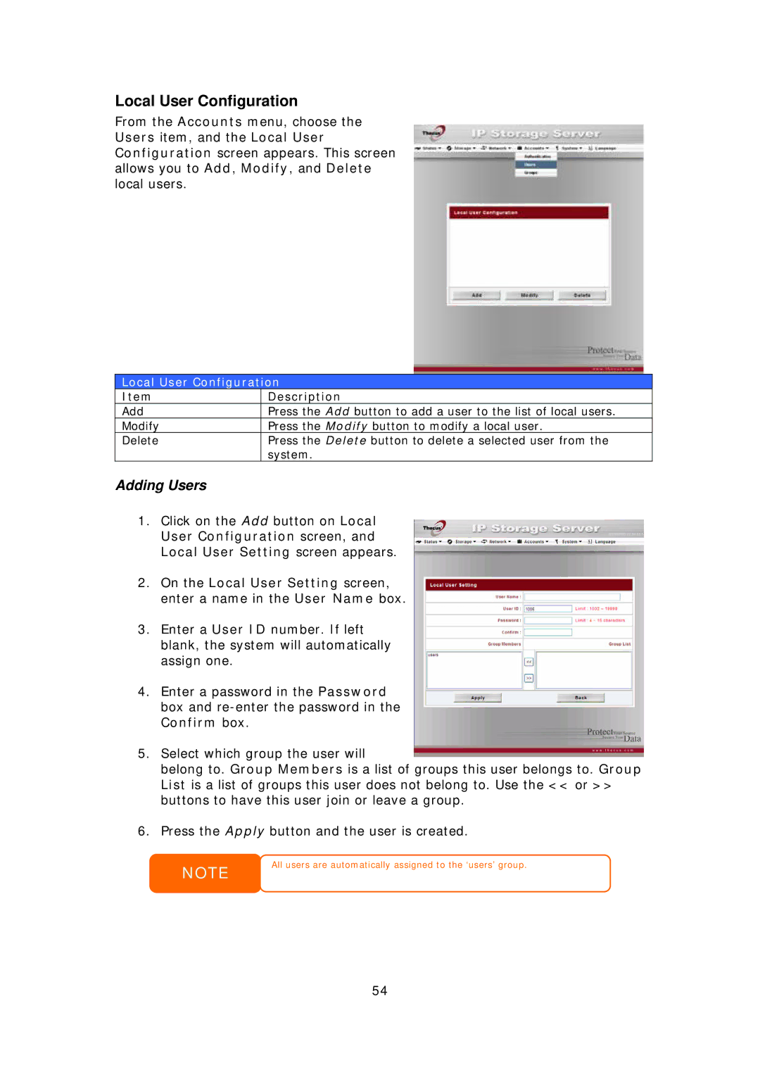 Thecus Technology N8800 user manual Local User Configuration, Adding Users 