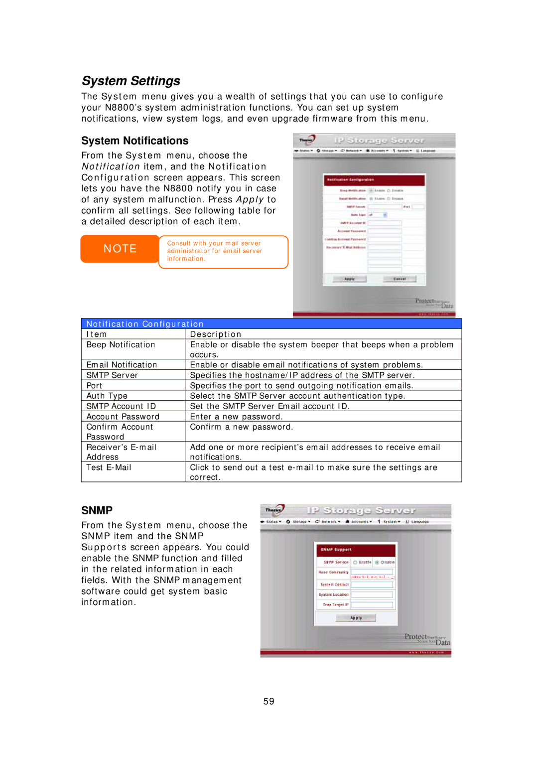 Thecus Technology N8800 user manual System Settings, System Notifications, Notification Configuration 