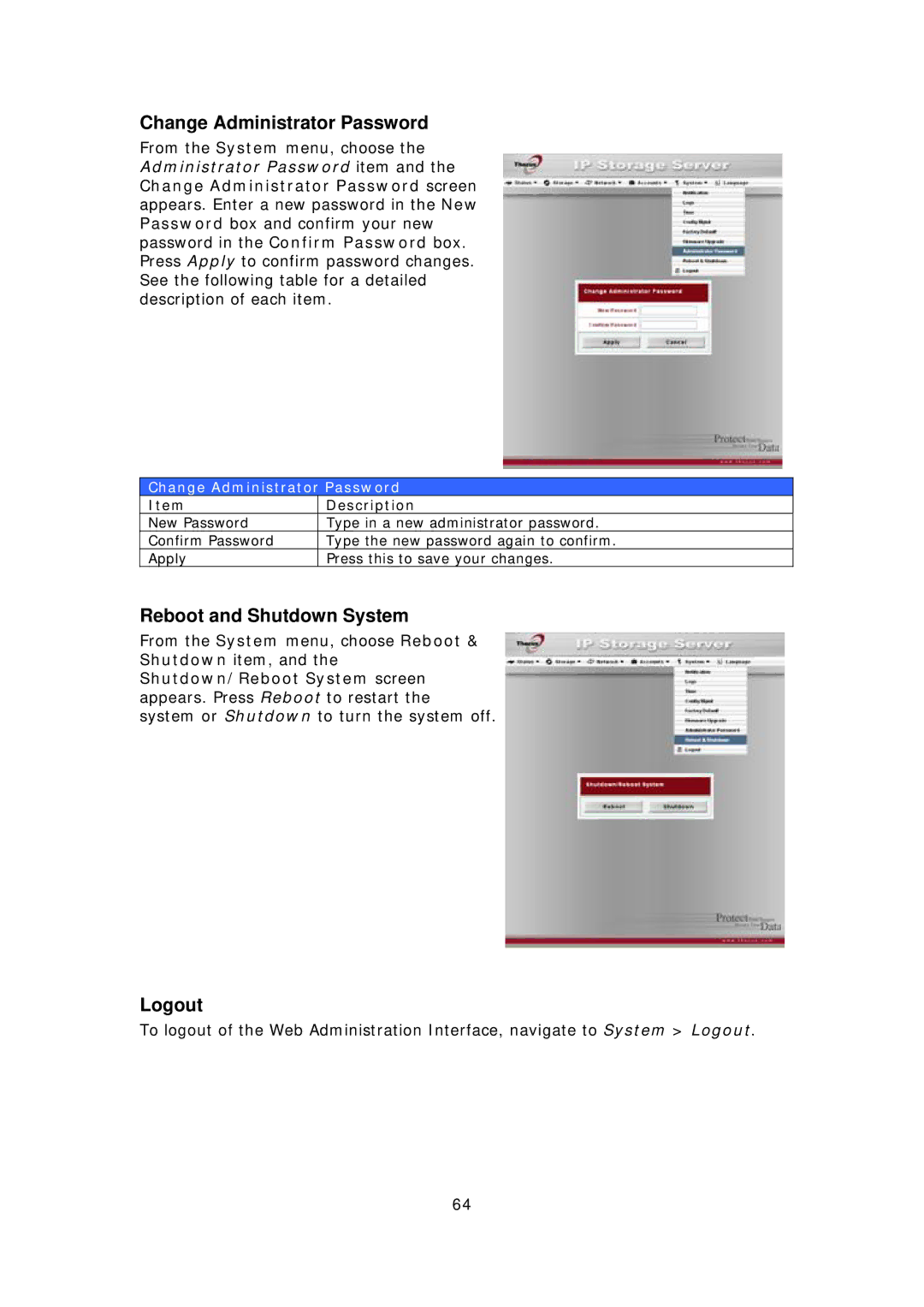 Thecus Technology N8800 user manual Change Administrator Password, Reboot and Shutdown System, Logout 