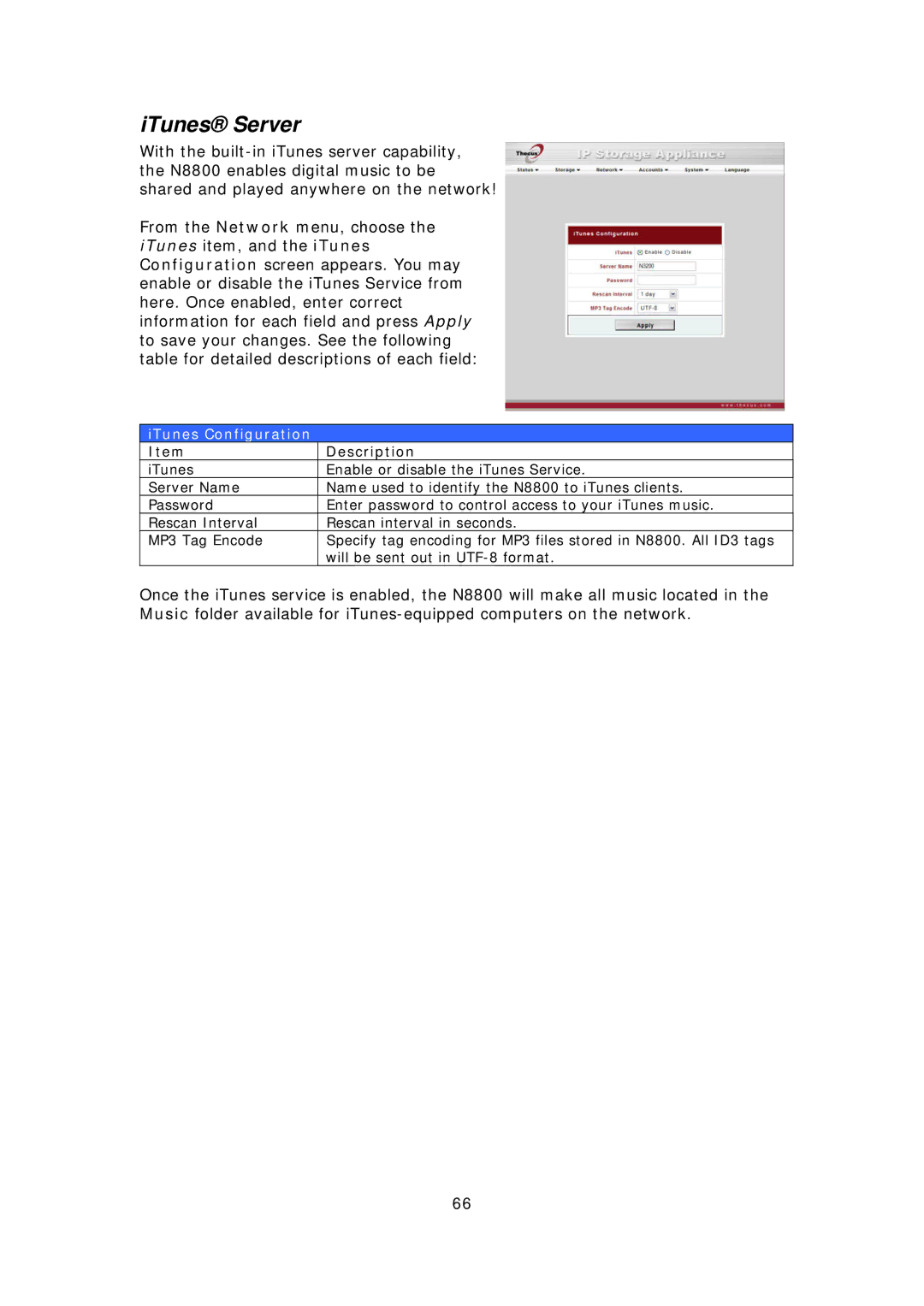 Thecus Technology N8800 user manual ITunes Server, ITunes Configuration 