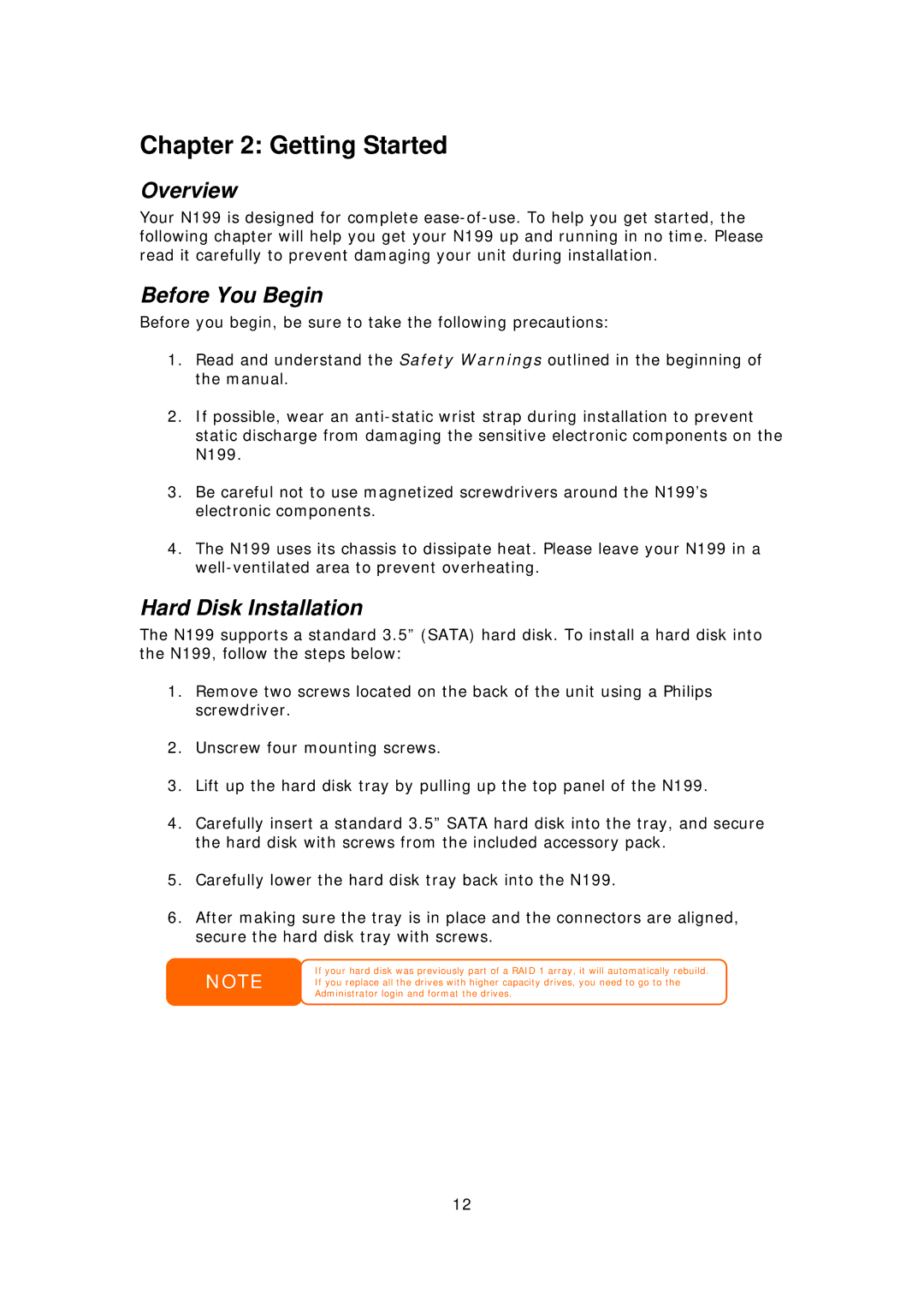 Thecus Technology Thecus N199 user manual Getting Started, Before You Begin, Hard Disk Installation 