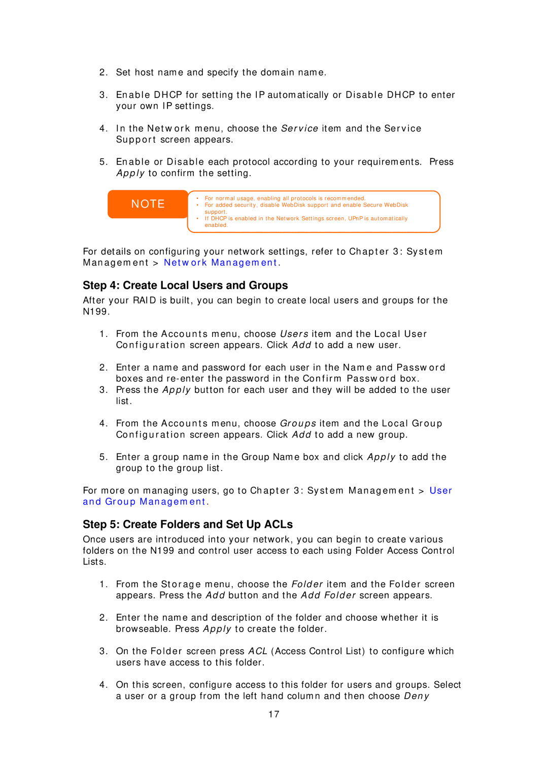 Thecus Technology Thecus N199 user manual Create Local Users and Groups, Create Folders and Set Up ACLs 