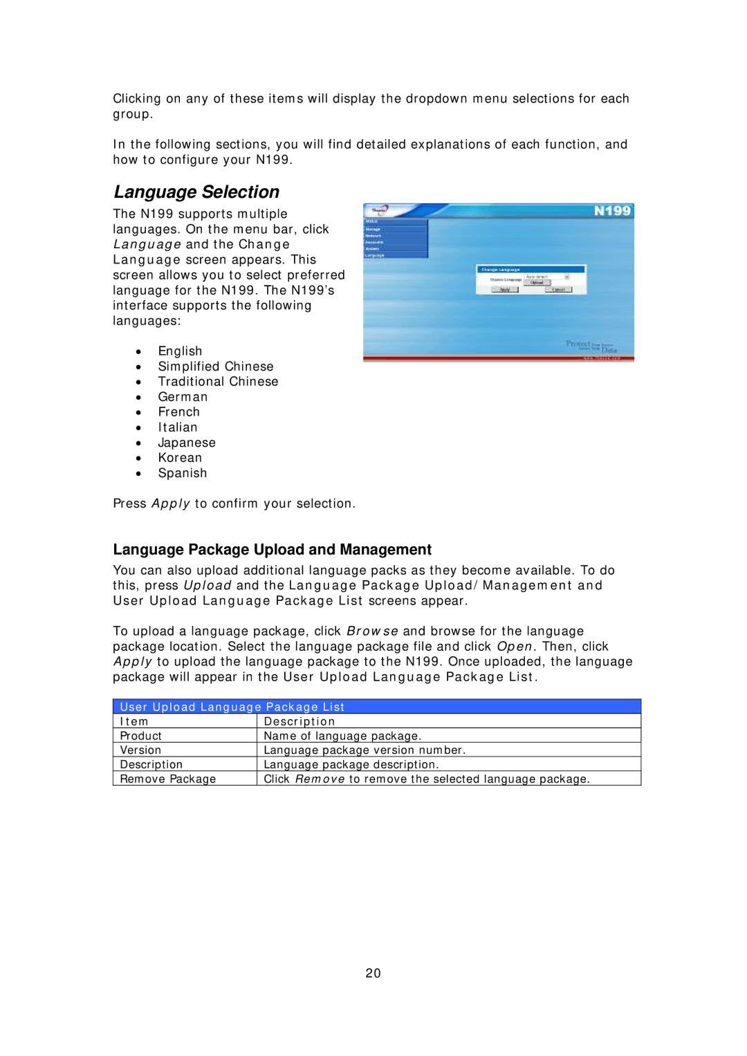 Thecus Technology Thecus N199 user manual Language Selection, Language Package Upload and Management 