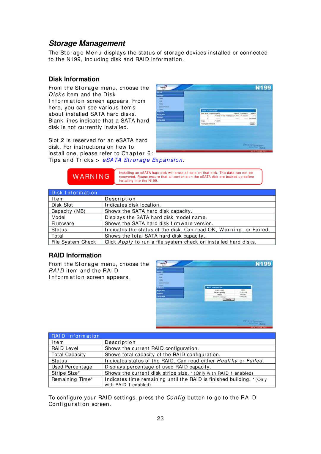 Thecus Technology Thecus N199 user manual Storage Management, Disk Information, RAID Information 