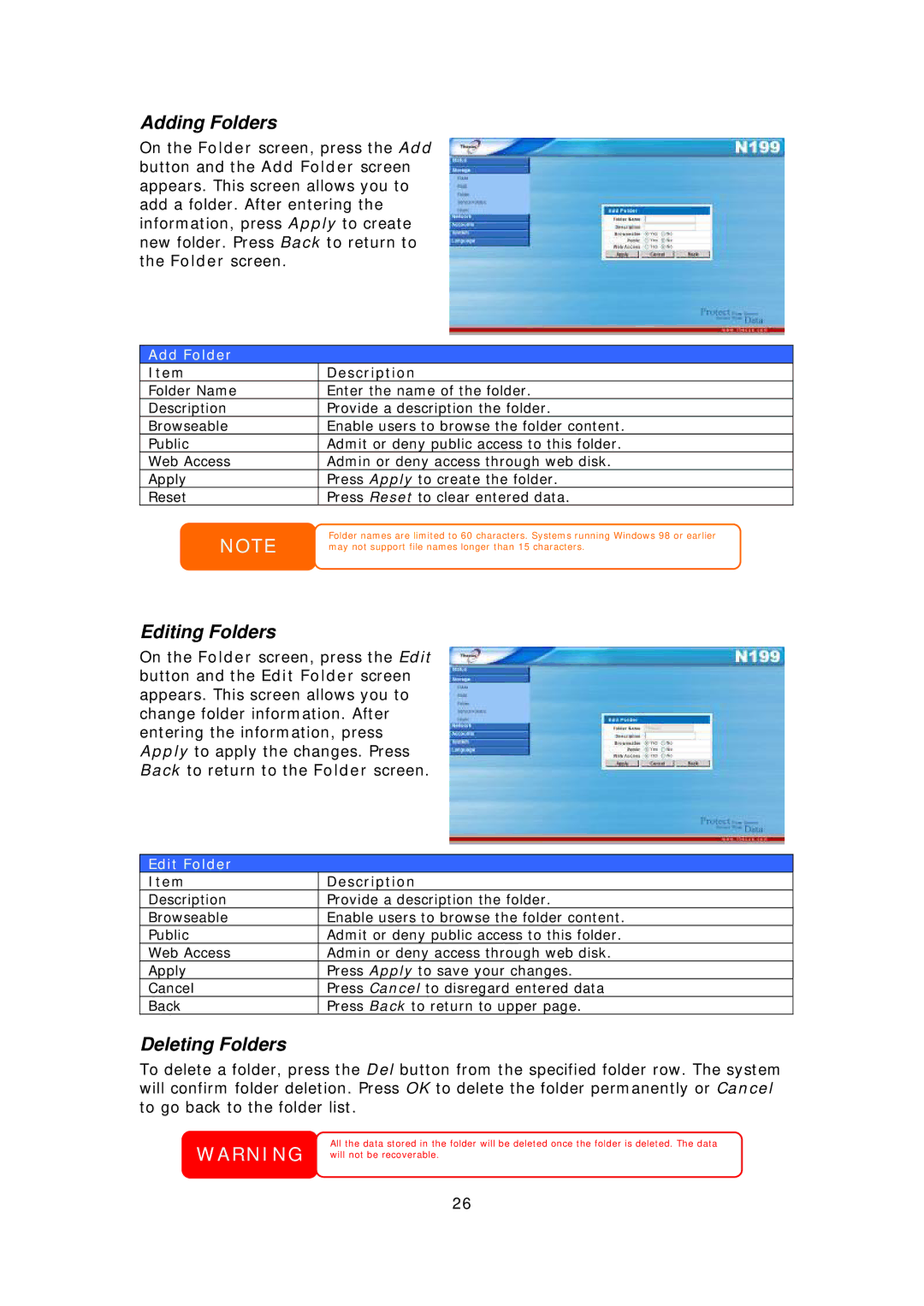 Thecus Technology Thecus N199 user manual Adding Folders, Editing Folders, Deleting Folders, Add Folder, Edit Folder 