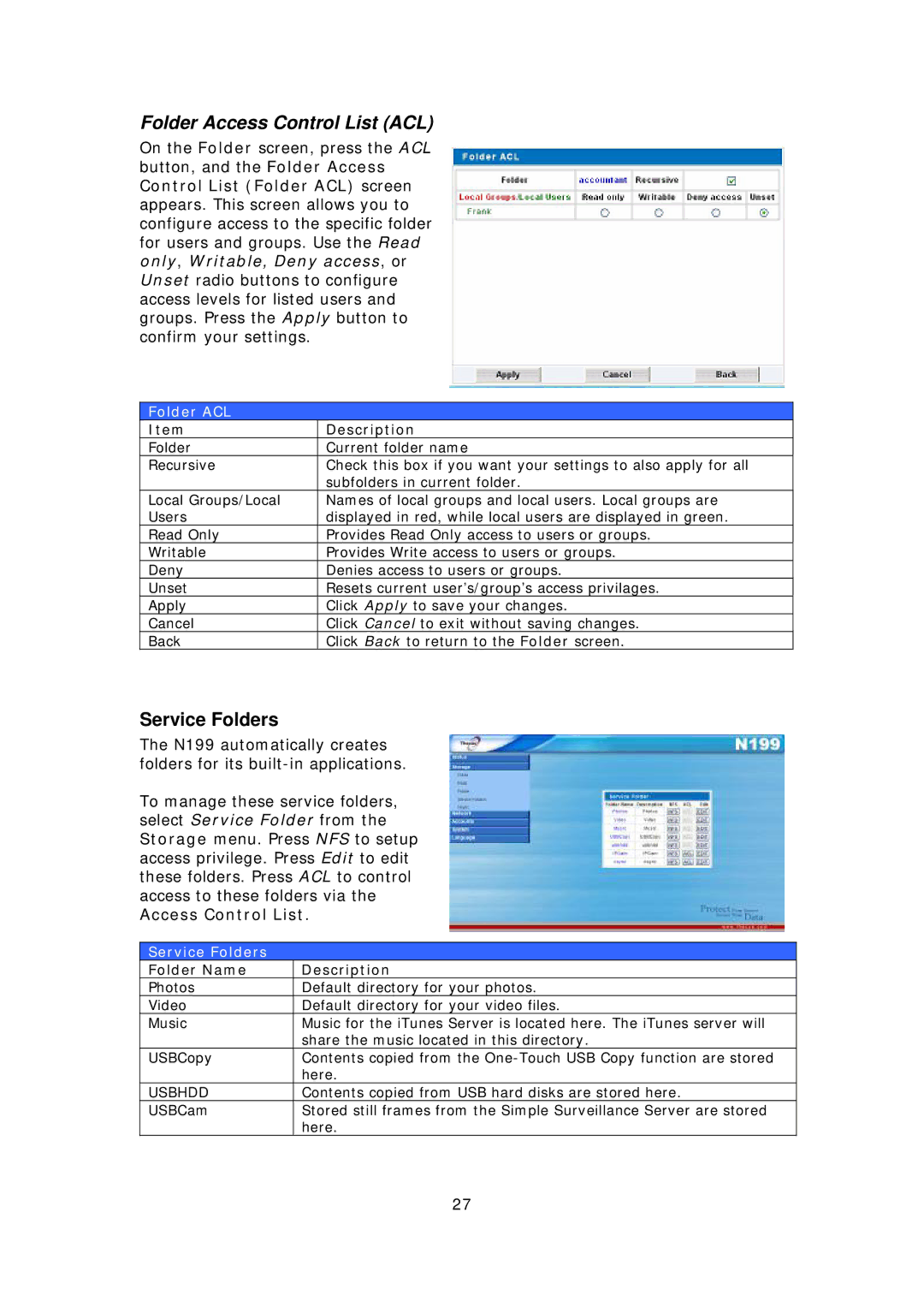 Thecus Technology Thecus N199 Folder Access Control List ACL, Service Folders, Folder ACL, Folder Name Description 