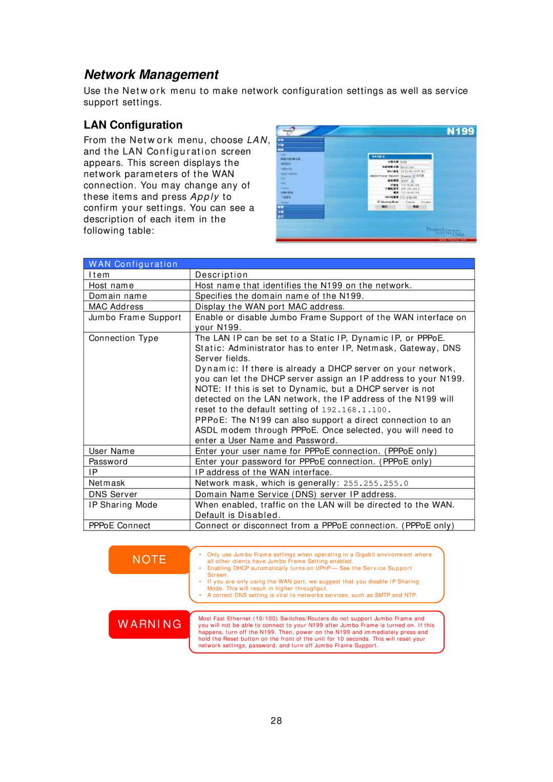 Thecus Technology Thecus N199 user manual Network Management, LAN Configuration, WAN Configuration 