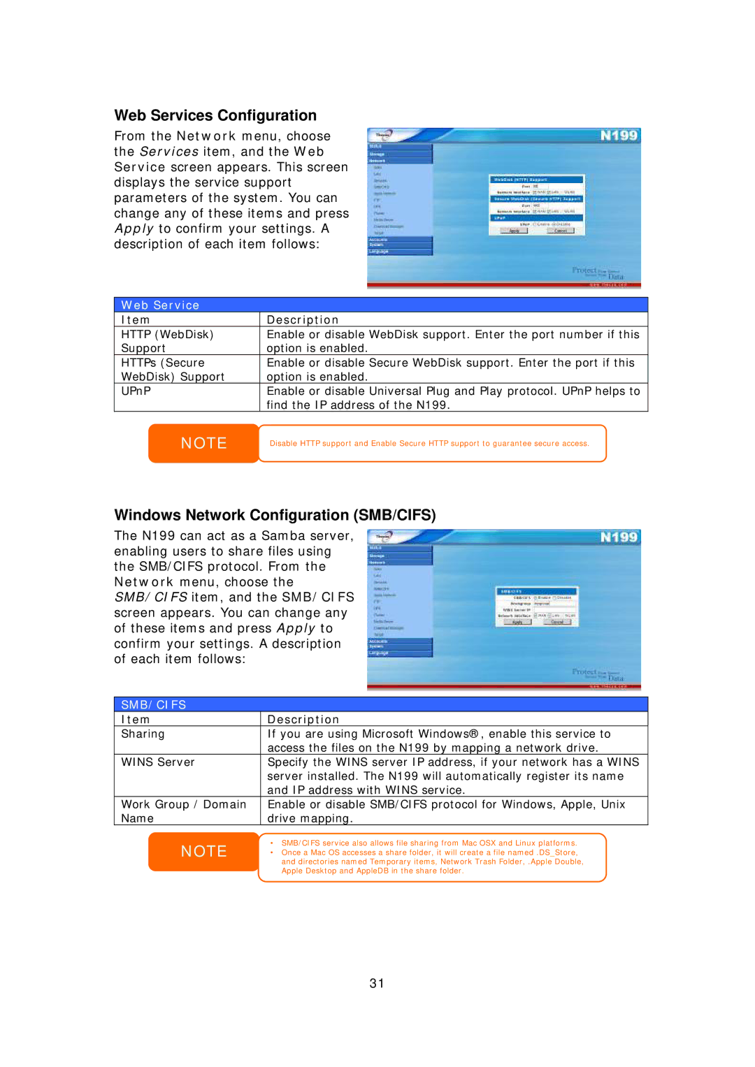 Thecus Technology Thecus N199 user manual Web Services Configuration, Windows Network Configuration SMB/CIFS 