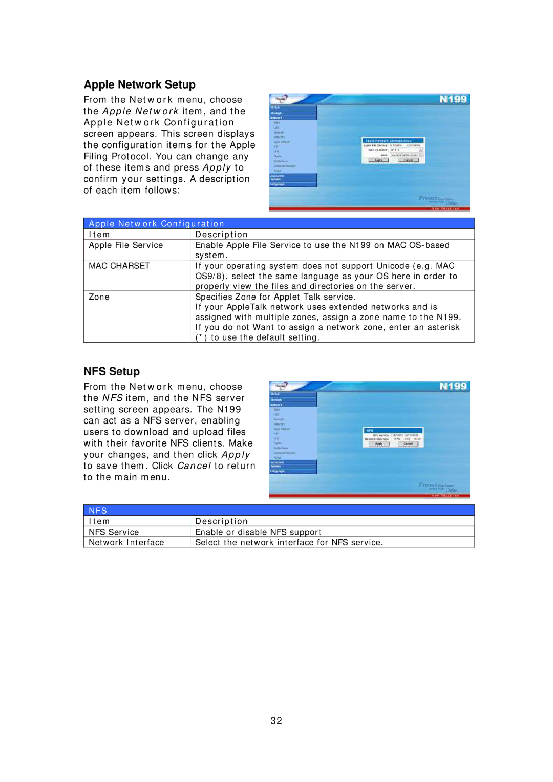 Thecus Technology Thecus N199 user manual Apple Network Setup, NFS Setup, Apple Network Configuration, MAC Charset 