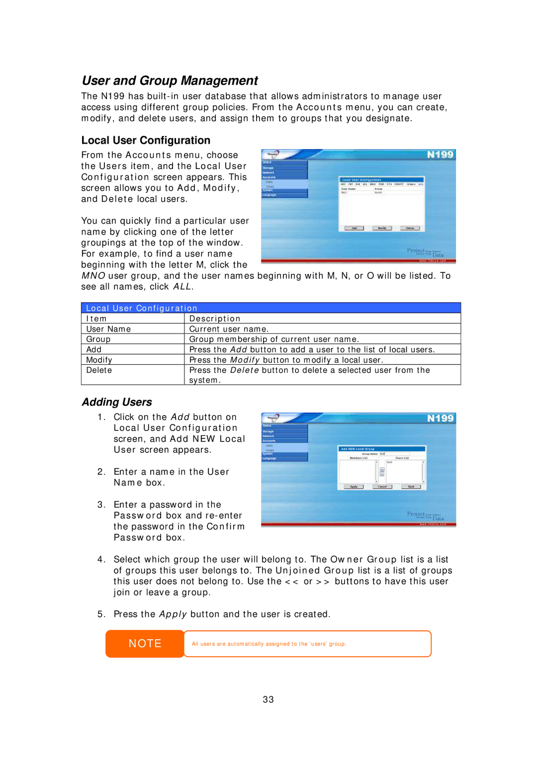 Thecus Technology Thecus N199 user manual User and Group Management, Local User Configuration, Adding Users 