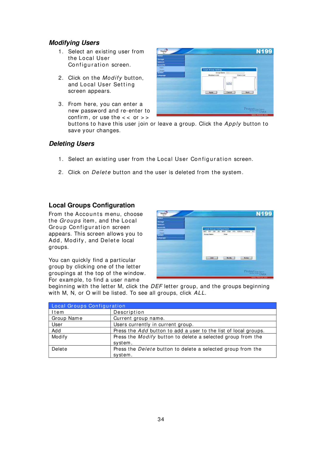 Thecus Technology Thecus N199 user manual Modifying Users, Deleting Users, Local Groups Configuration 