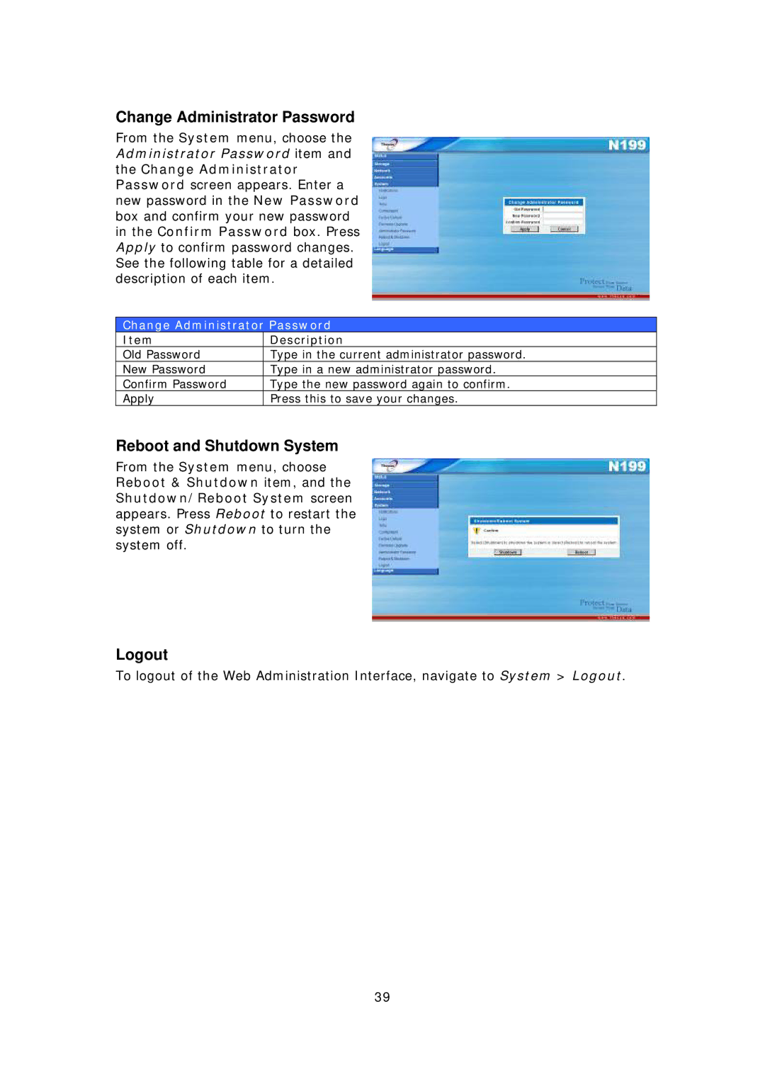 Thecus Technology Thecus N199 user manual Change Administrator Password, Reboot and Shutdown System, Logout 