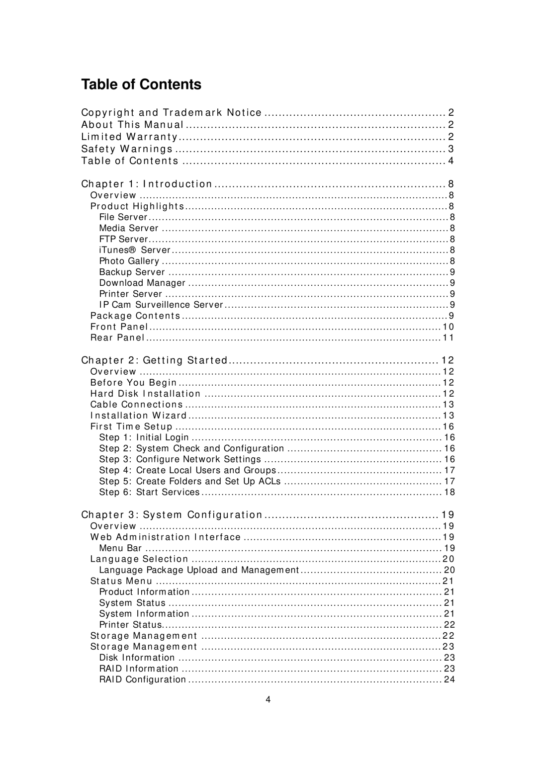 Thecus Technology Thecus N199 user manual Table of Contents 