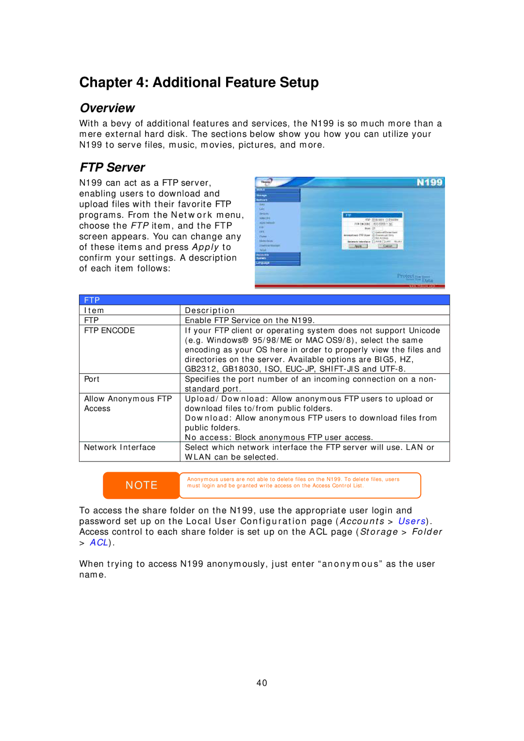 Thecus Technology Thecus N199 user manual Additional Feature Setup, FTP Server, Ftp, FTP Encode 