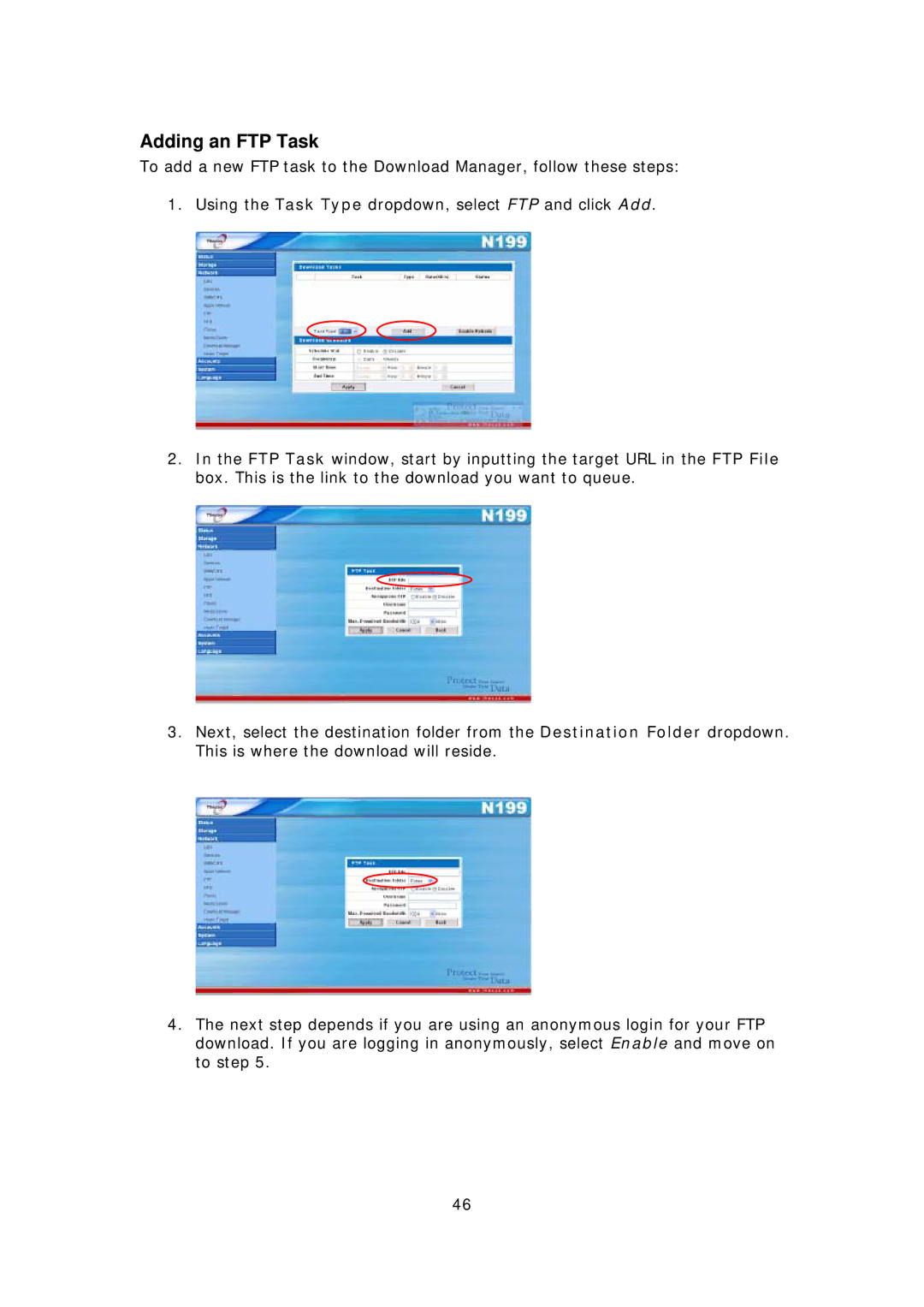 Thecus Technology Thecus N199 user manual Adding an FTP Task 