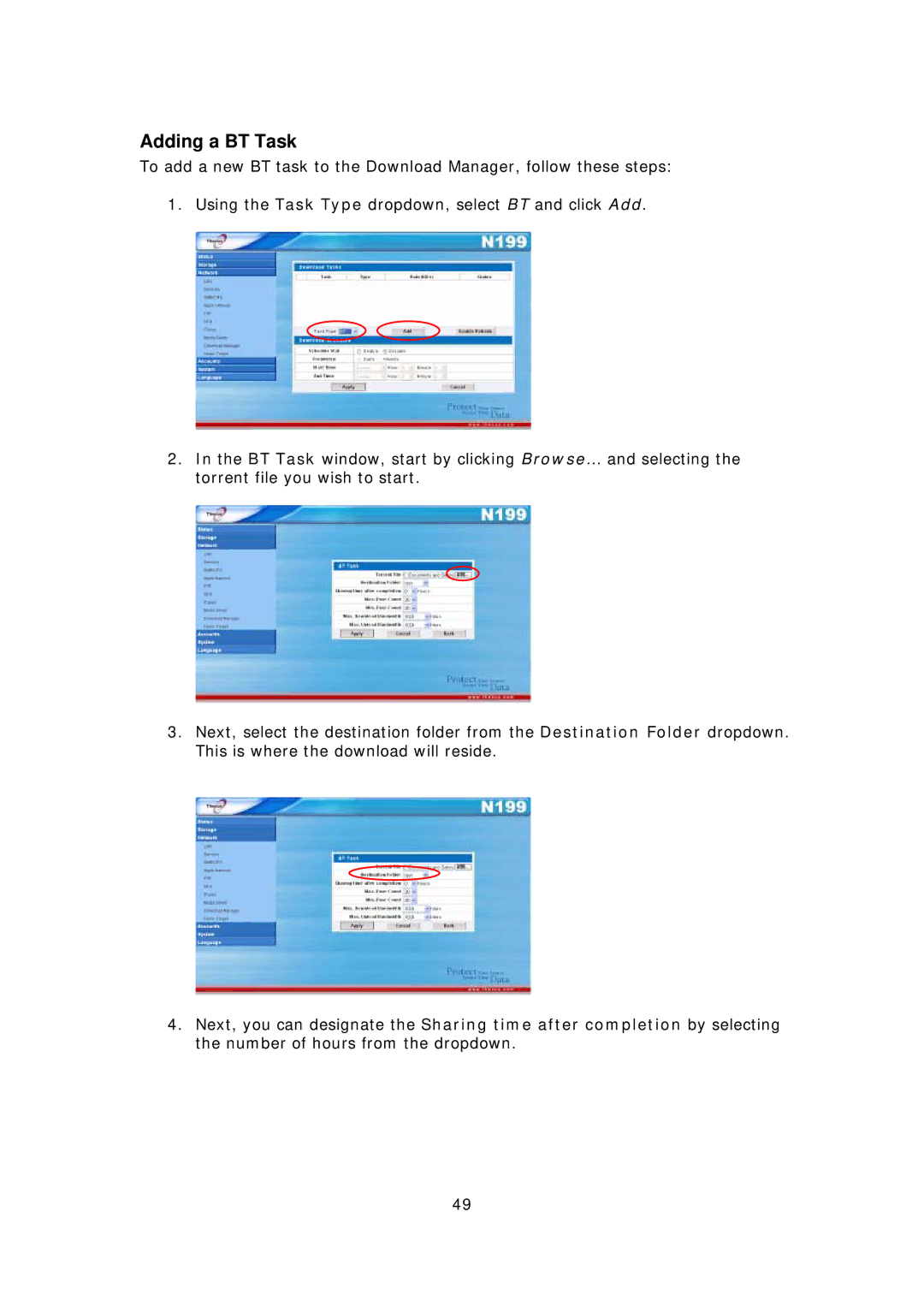 Thecus Technology Thecus N199 user manual Adding a BT Task 