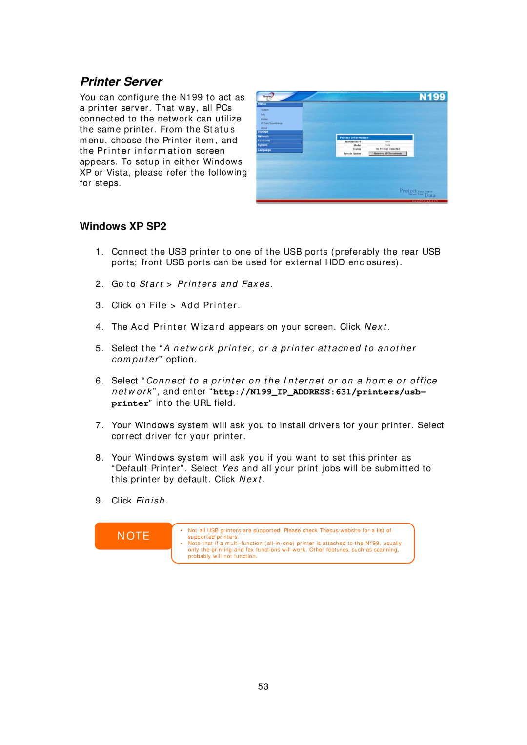 Thecus Technology Thecus N199 user manual Printer Server, Windows XP SP2 