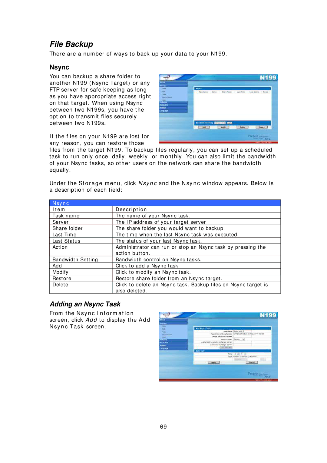 Thecus Technology Thecus N199 user manual File Backup, Adding an Nsync Task 