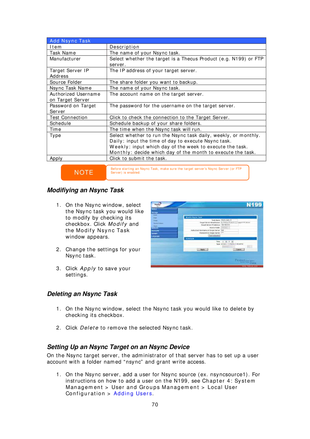 Thecus Technology Thecus N199 user manual Modifiying an Nsync Task, Deleting an Nsync Task, Add Nsync Task 