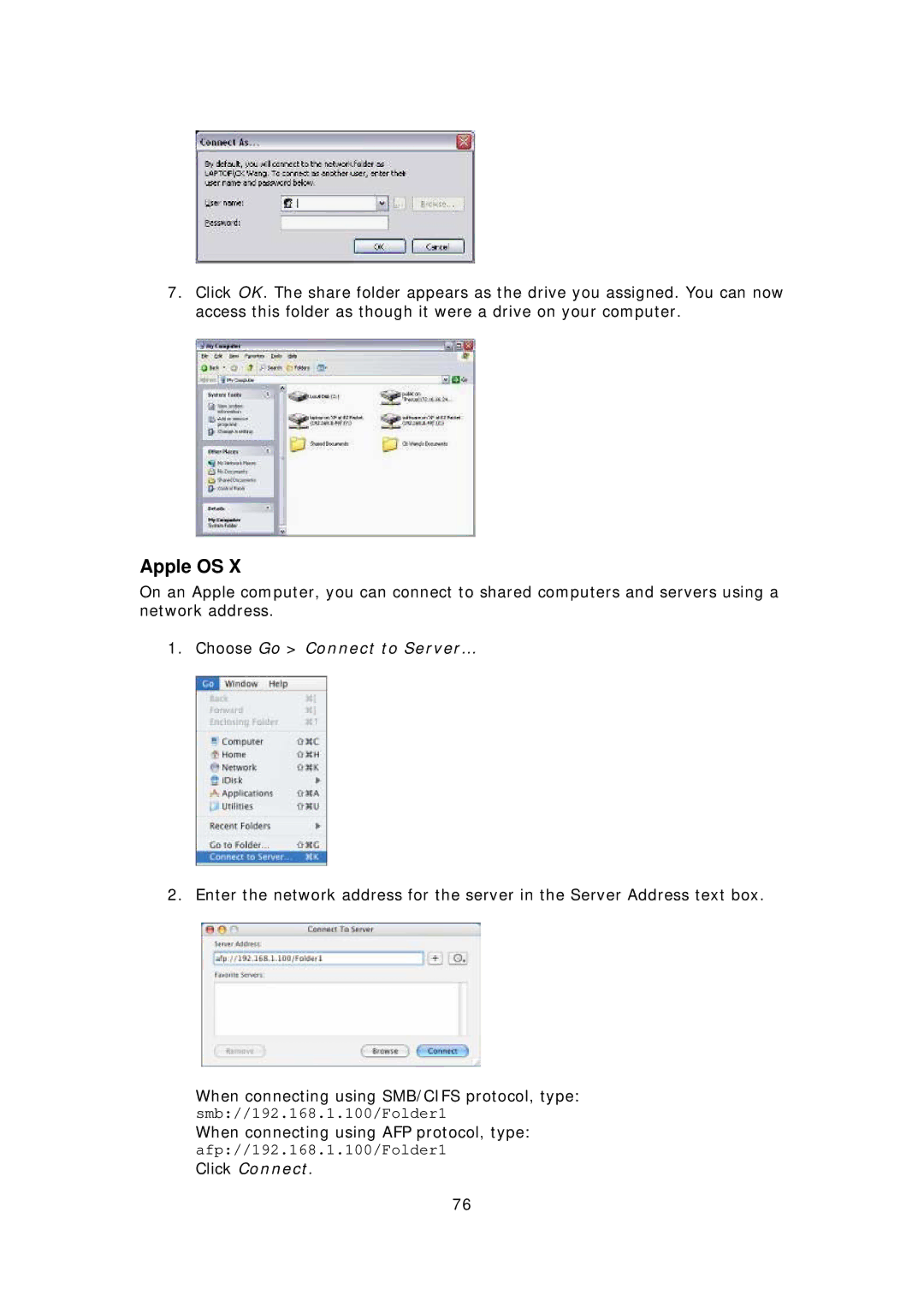 Thecus Technology Thecus N199 user manual Apple OS, Choose Go Connect to Server… 