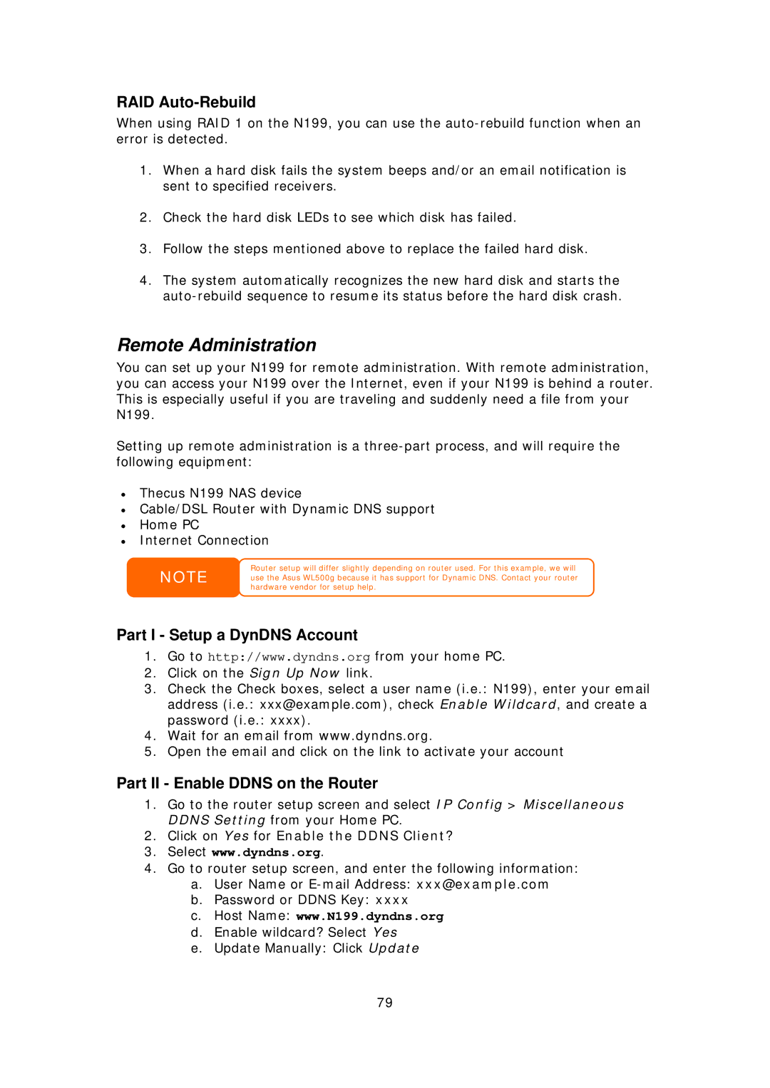 Thecus Technology Thecus N199 user manual Remote Administration, RAID Auto-Rebuild, Part I Setup a DynDNS Account 