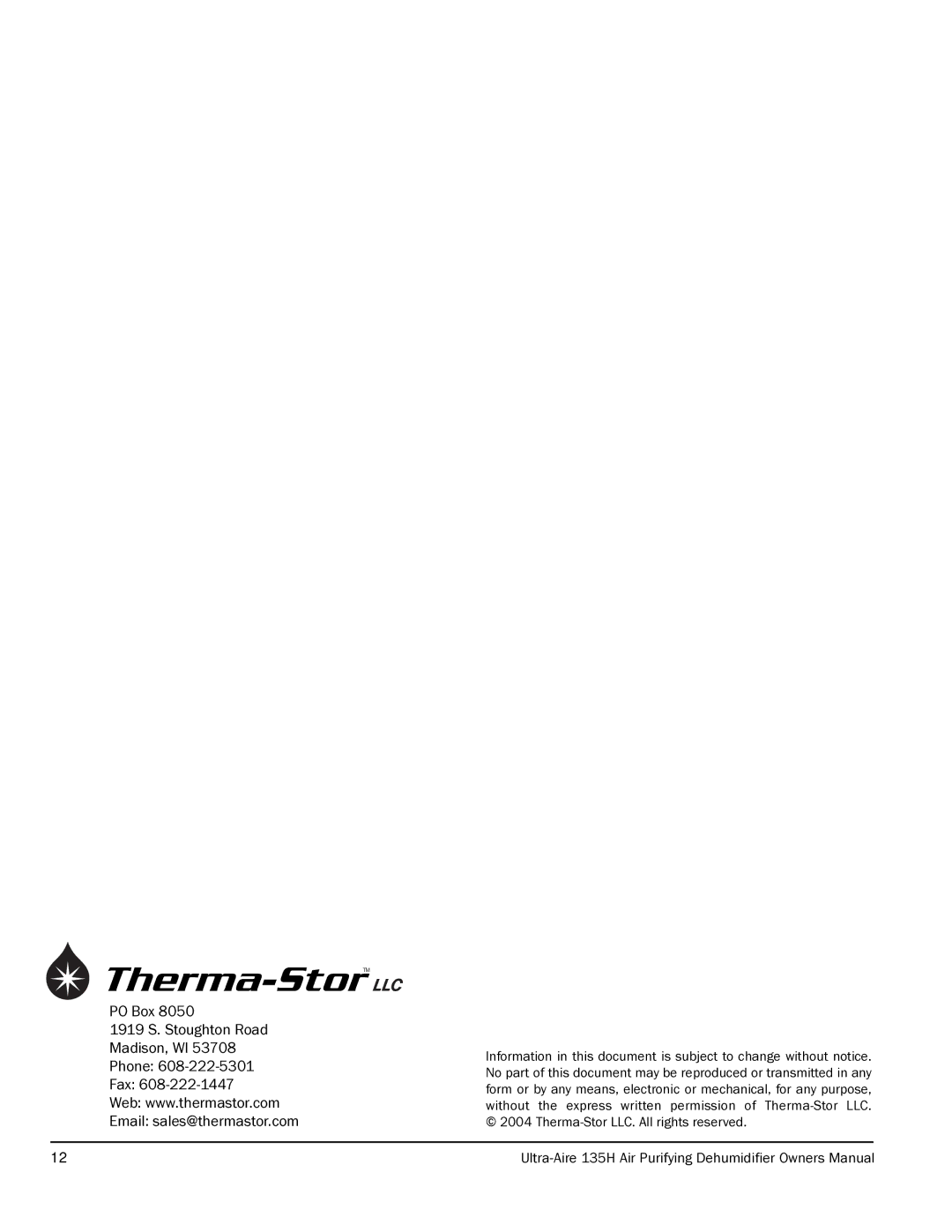 Therma-Stor Products Group 135H owner manual Llc 