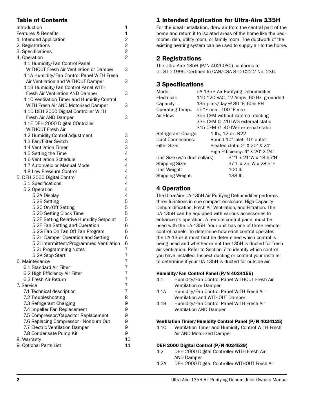 Therma-Stor Products Group Table of Contents, Intended Application for Ultra-Aire 135H, Registrations, Specifications 