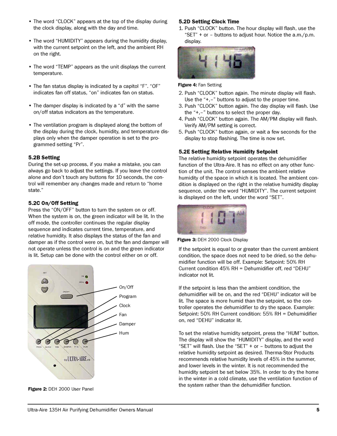 Therma-Stor Products Group 135H owner manual 2B Setting, 2C On/Off Setting, 2D Setting Clock Time 