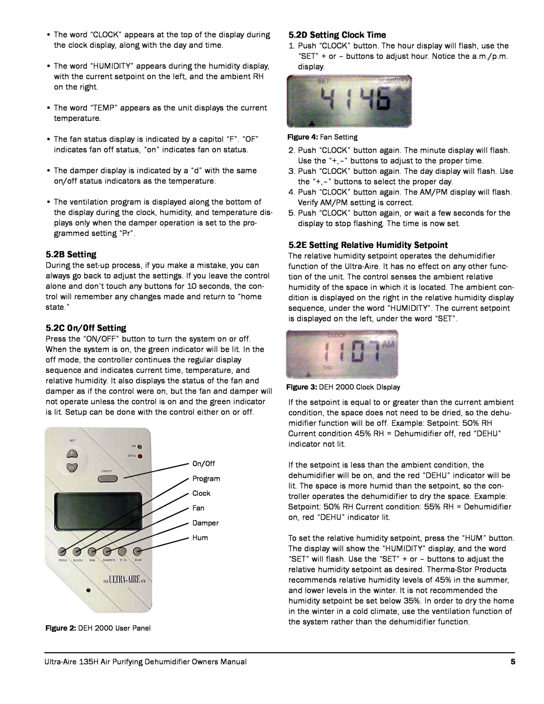 Therma-Stor Products Group 135H 5.2B Setting, 5.2C On/Off Setting, 5.2D Setting Clock Time, DEH 2000 User Panel 