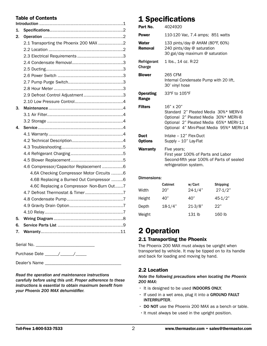 Therma-Stor Products Group 200 MAX Specifications, Operation, Table of Contents, Transporting the Phoenix, Location 