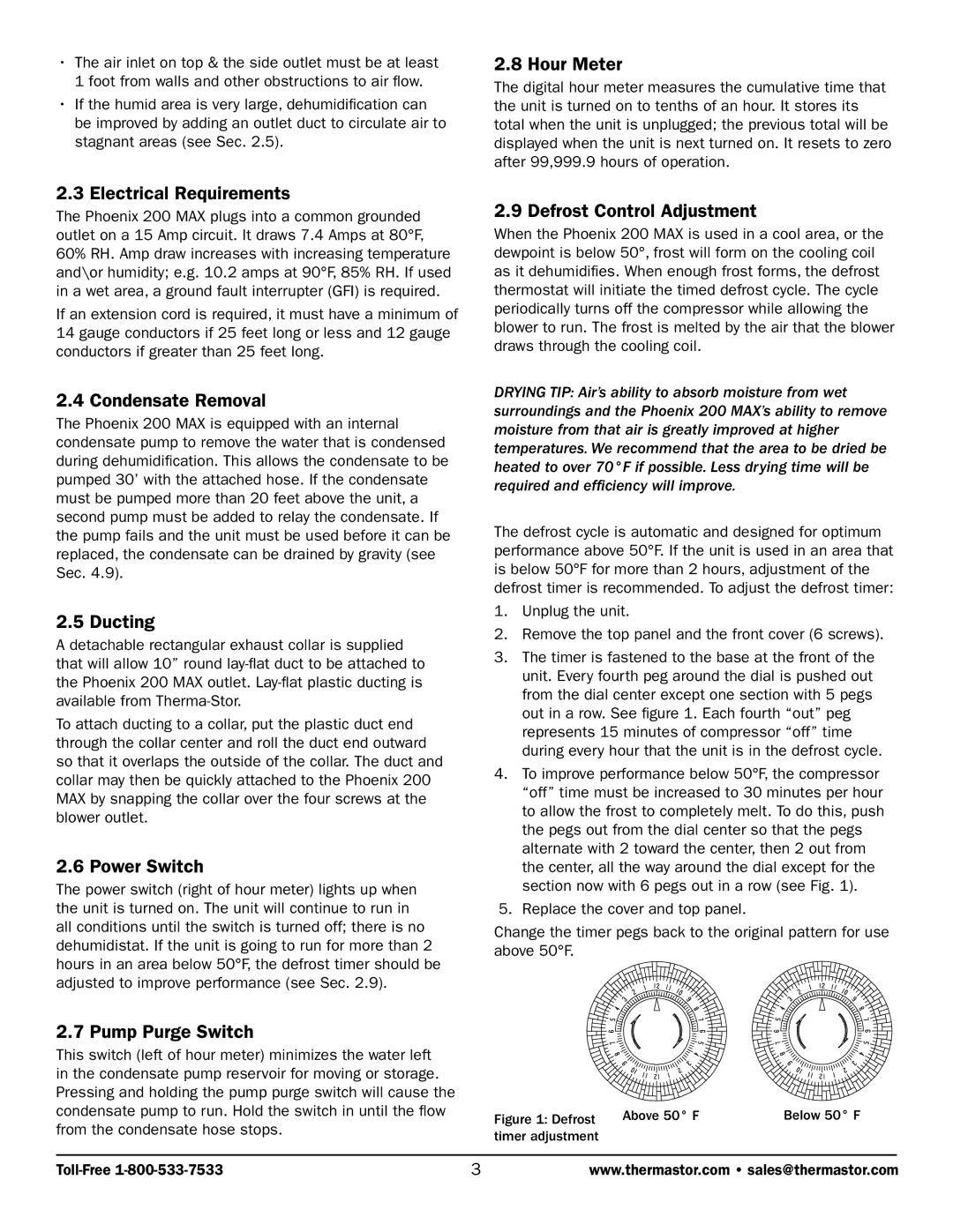 Therma-Stor Products Group 200 MAX Electrical Requirements, Condensate Removal, Ducting, Power Switch, Hour Meter 