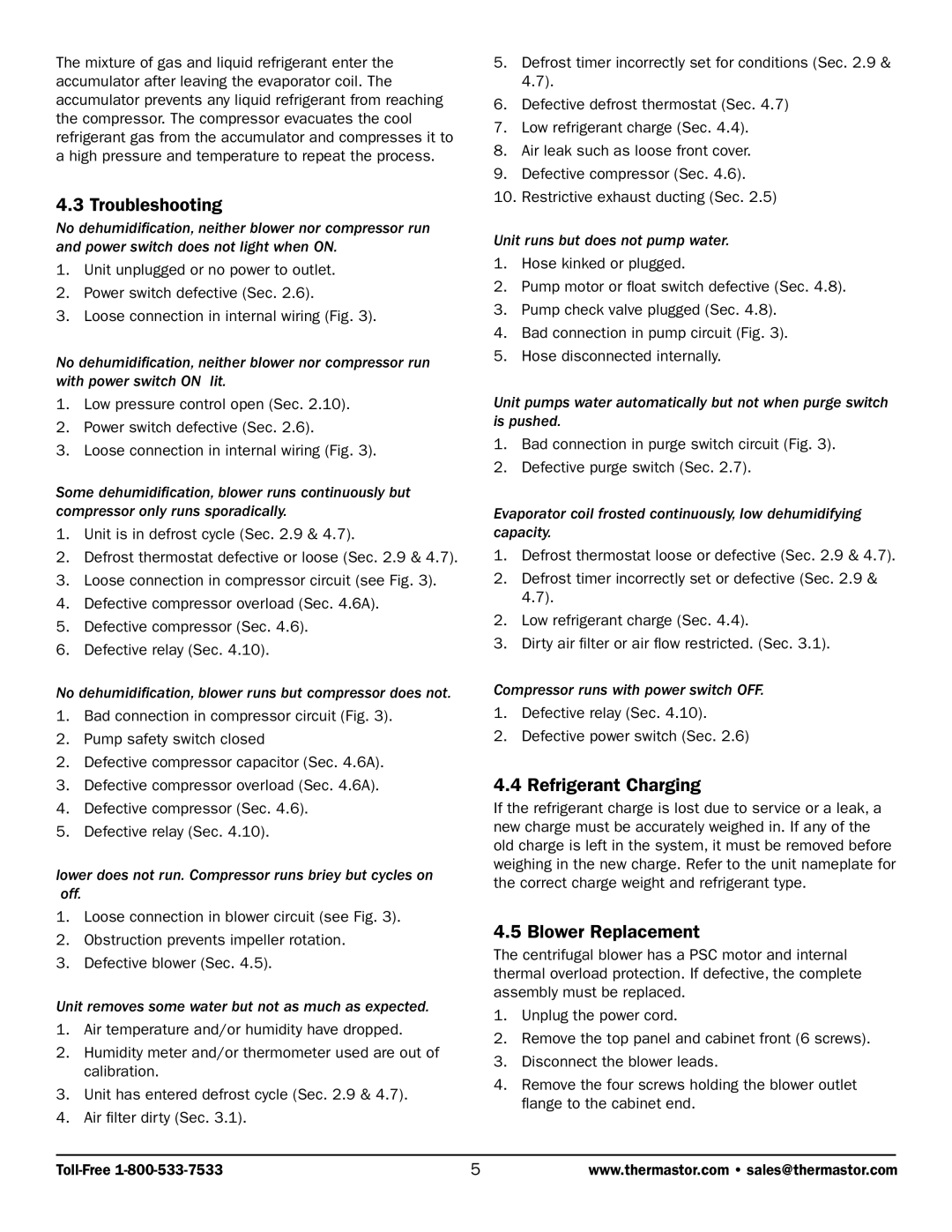 Therma-Stor Products Group 200 MAX owner manual Troubleshooting, Refrigerant Charging, Blower Replacement 