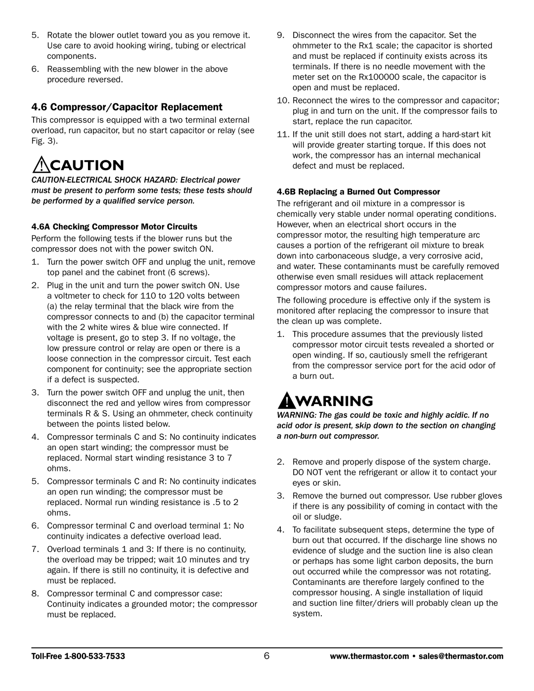 Therma-Stor Products Group 200 MAX owner manual Compressor/Capacitor Replacement 