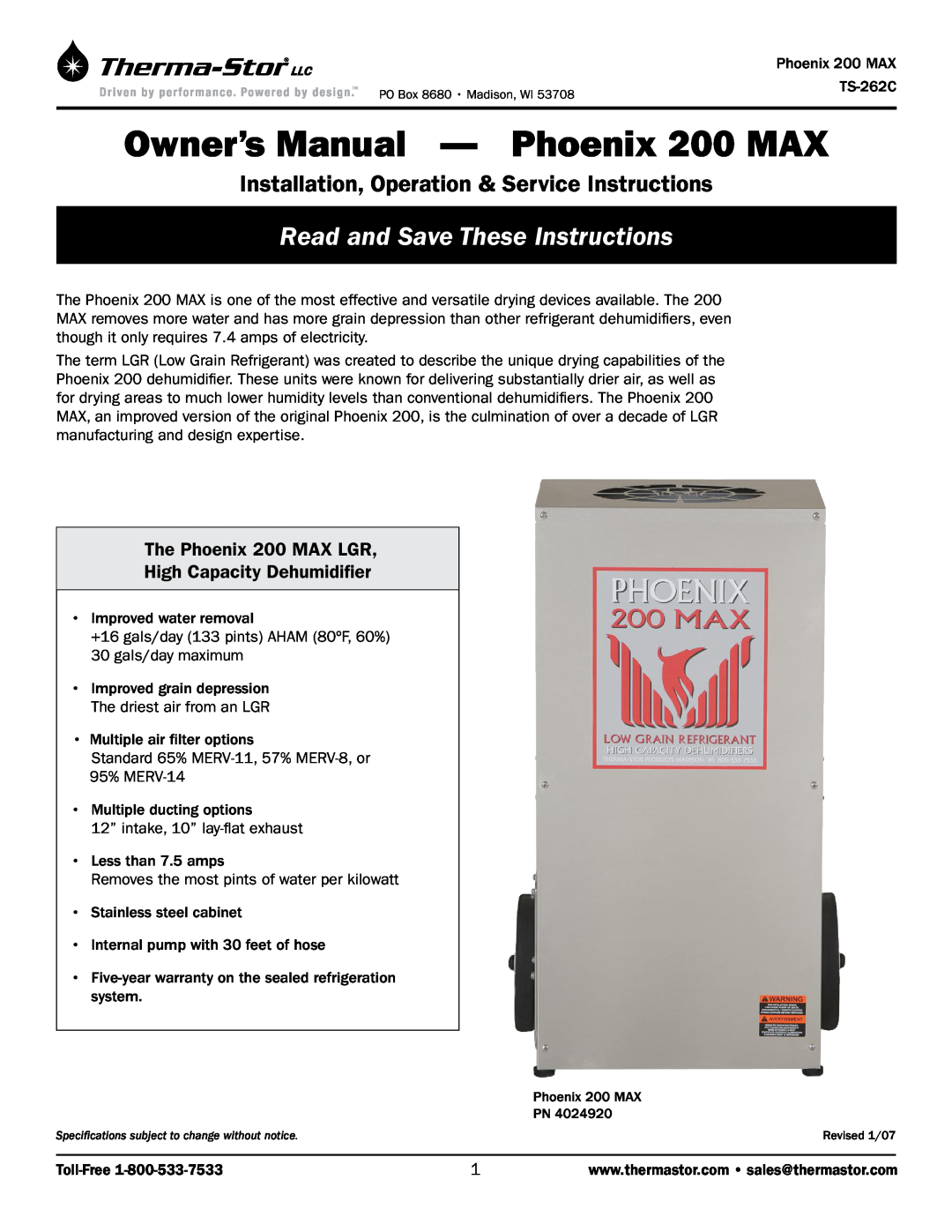Therma-Stor Products Group owner manual The Phoenix 200 MAX LGR, High Capacity Dehumidifier 