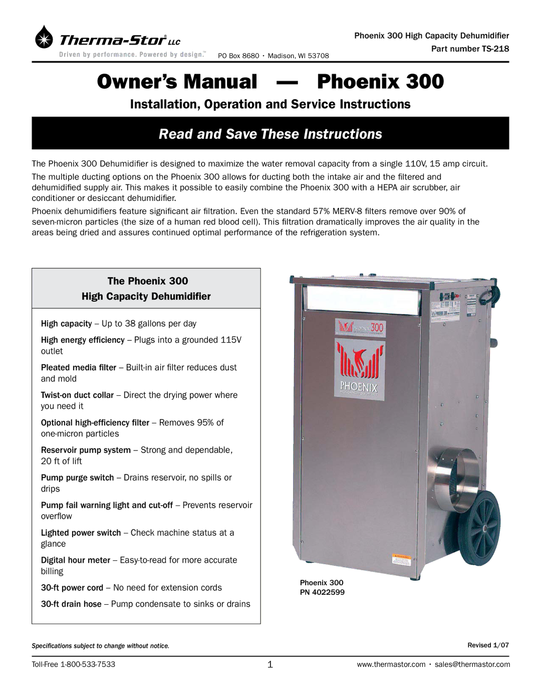 Therma-Stor Products Group 300 owner manual Read and Save These Instructions, Phoenix High Capacity Dehumidifier 