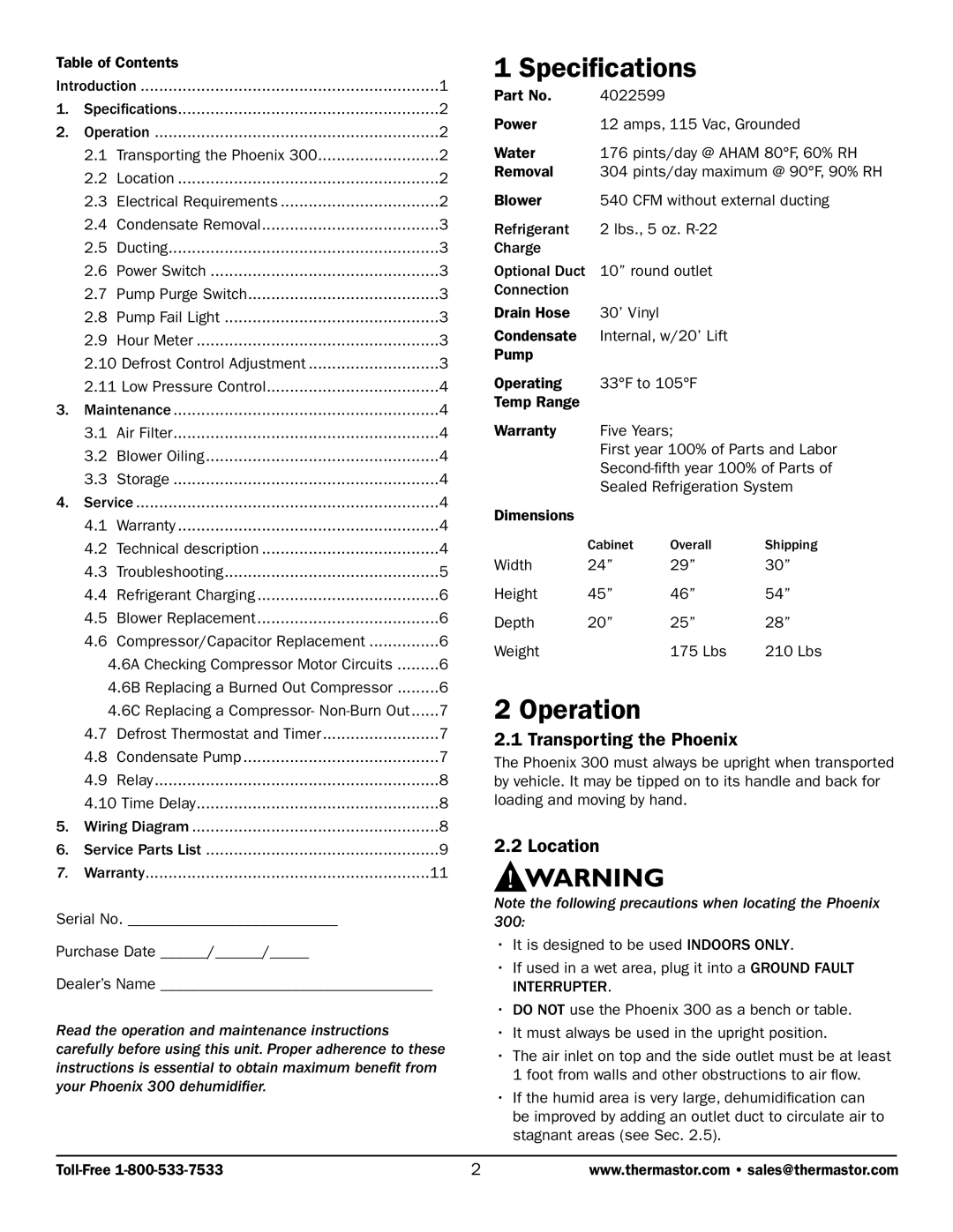 Therma-Stor Products Group 300 owner manual Specifications, Operation, Transporting the Phoenix, Location 