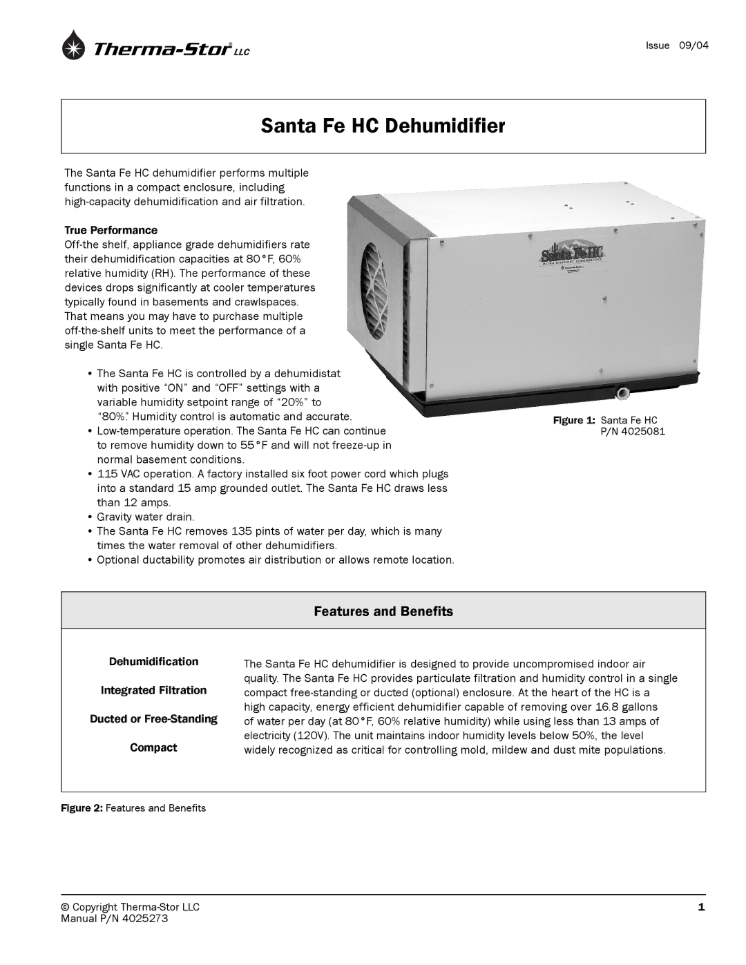 Therma-Stor Products Group 4025273 manual Santa Fe HC Dehumidifier 