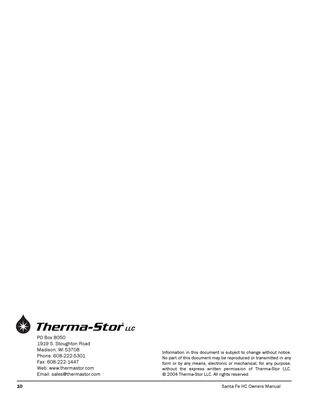 Therma-Stor Products Group 4025273 manual PO Box 