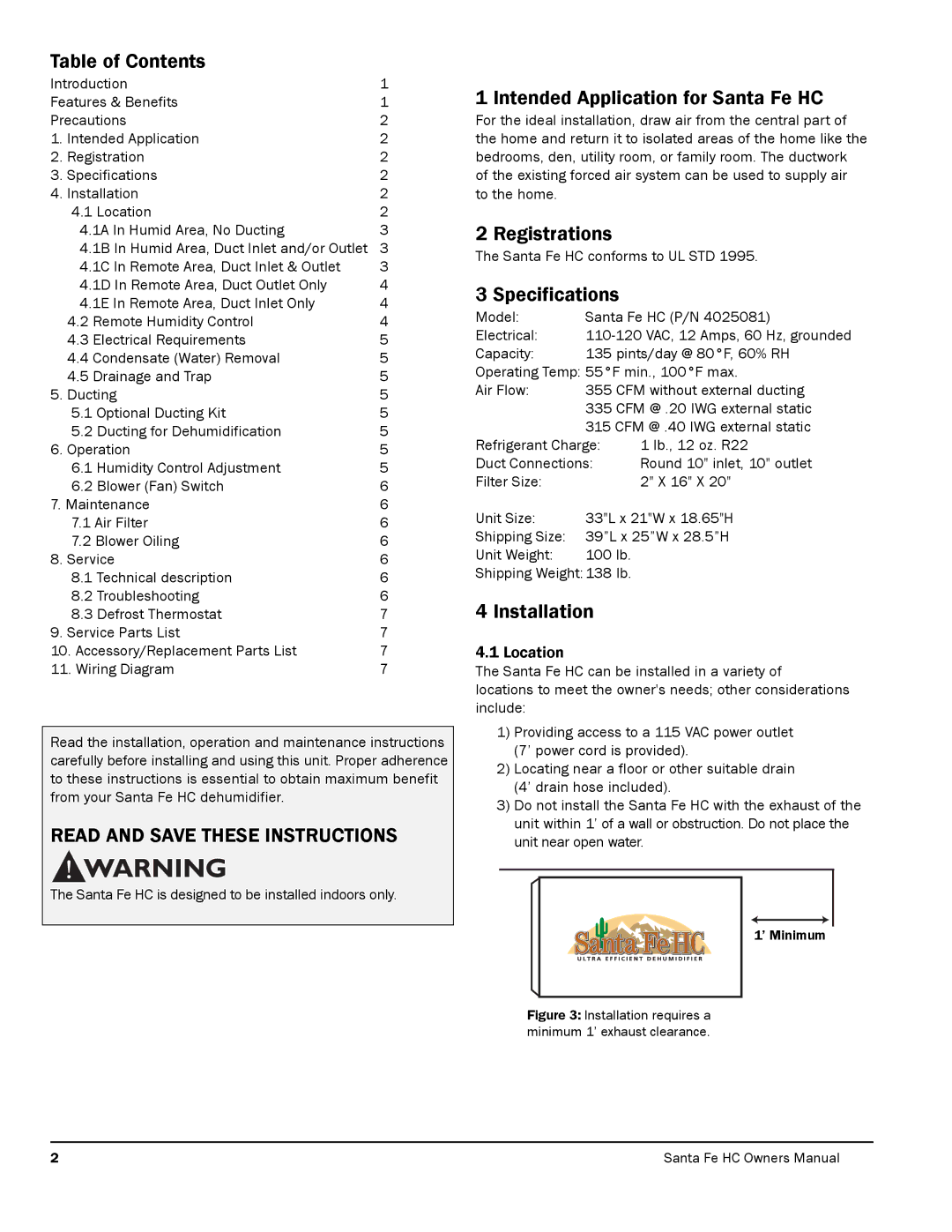 Therma-Stor Products Group 4025273 Table of Contents, Intended Application for Santa Fe HC, Registrations, Specifications 